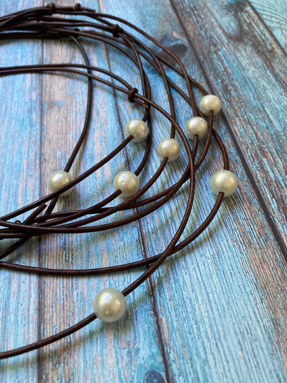 Freshwater Pearl Necklace on Leather Cord