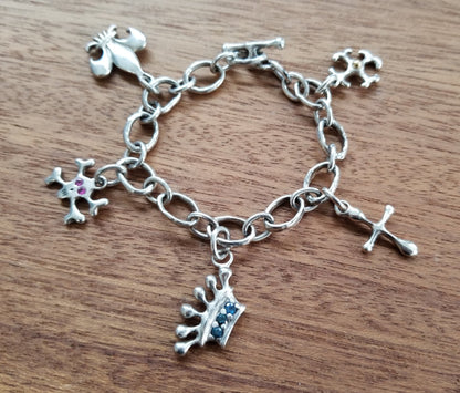 Charm Bracelet with Crosses, Crown, Skull and Fleur de Lys