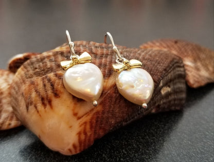 Pearl Heart and 18k Gold Bow Earrings