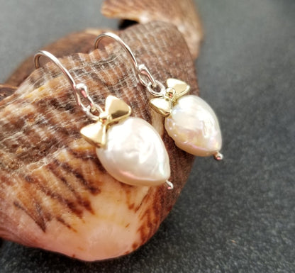 Pearl Heart and 18k Gold Bow Earrings