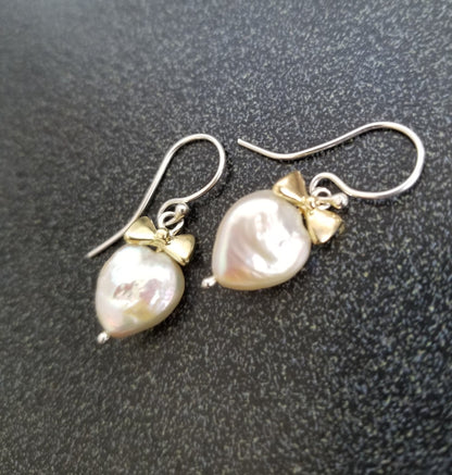 Pearl Heart and 18k Gold Bow Earrings