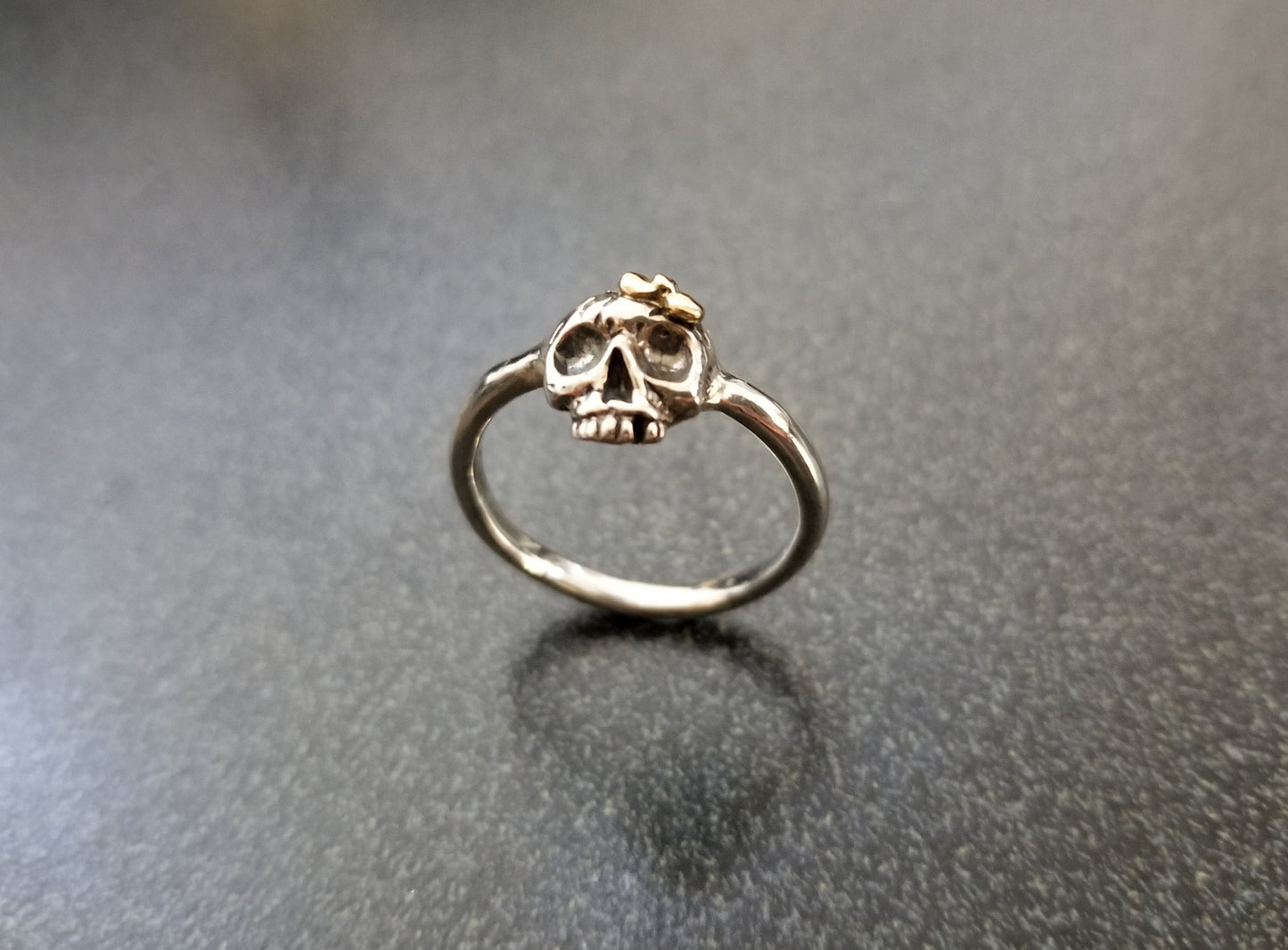 Tiny Skully Skull Ring Sterling Silver with 18k Gold Bow