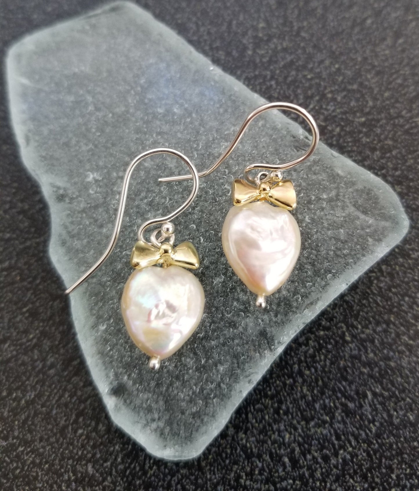 Pearl Heart and 18k Gold Bow Earrings