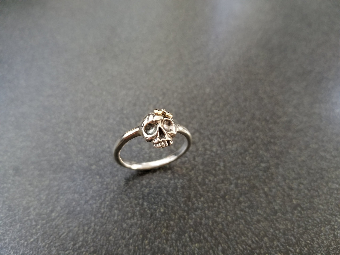 Tiny Skully Skull Ring Sterling Silver with 18k Gold Bow