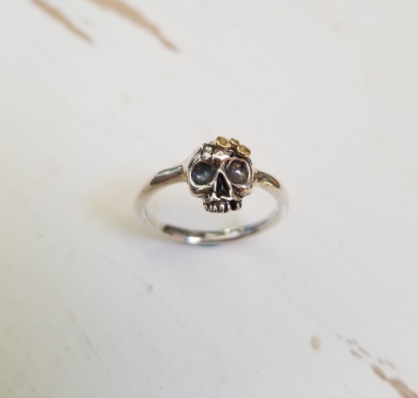 Tiny Skully Skull Ring Sterling Silver with 18k Gold Bow