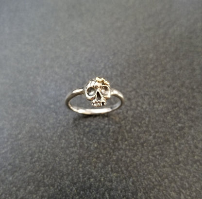 Tiny Skully Skull Ring Sterling Silver with 18k Gold Bow