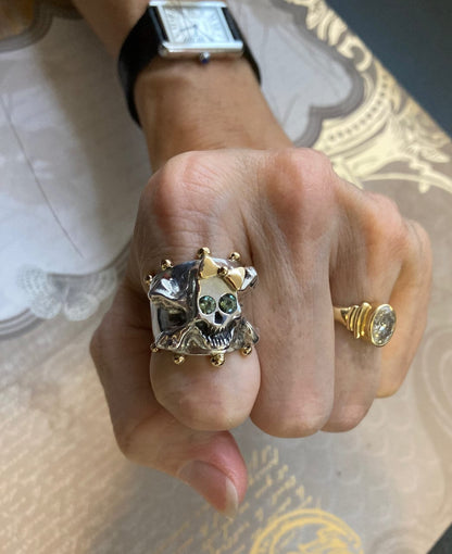 Hello Skully Skull Ring with 18k Gold Bow and Accents, Green Sapphire Eyes