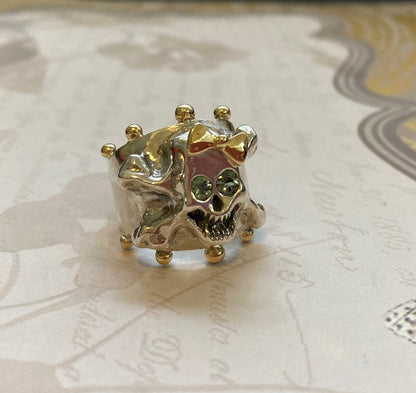 Hello Skully Skull Ring with 18k Gold Bow and Accents, Green Sapphire Eyes