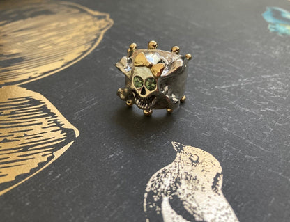 Hello Skully Skull Ring with 18k Gold Bow and Accents, Green Sapphire Eyes