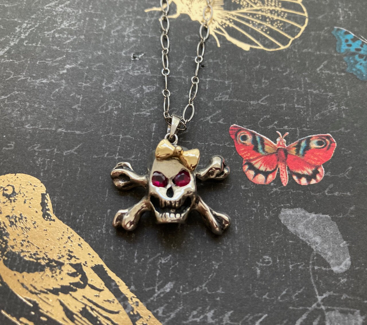 Hello Skully Skull Pendant with Ruby Eyes in Sterling Silver and 18k Gold