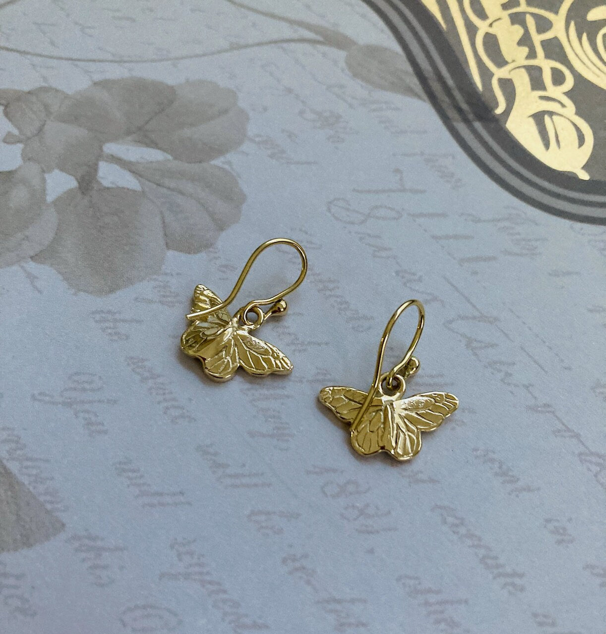 Monarch Butterfly Earrings on French Earwires Solid 18k Yellow Gold