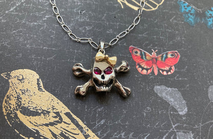 Hello Skully Skull Pendant with Ruby Eyes in Sterling Silver and 18k Gold