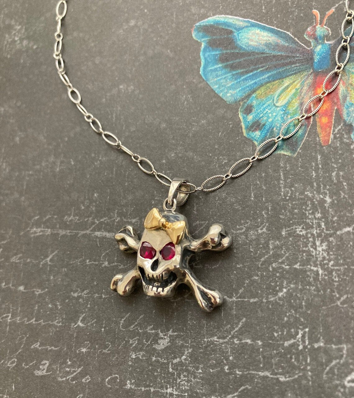 Hello Skully Skull Pendant with Ruby Eyes in Sterling Silver and 18k Gold