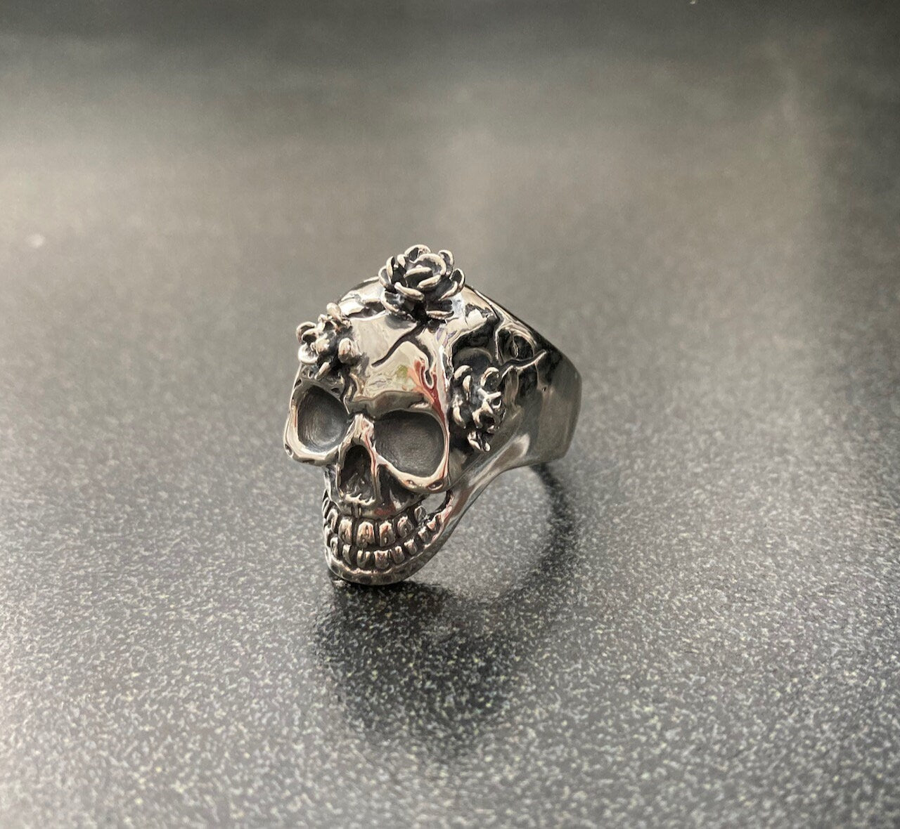 3 Flower Skull Ring - Sterling Silver