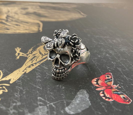 Flower & Butterfly Skull Ring - Sterling Silver