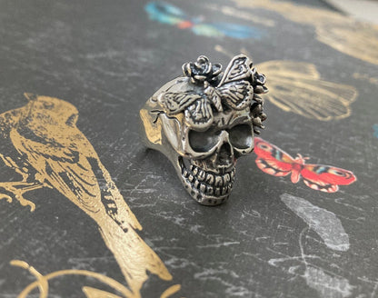 Flower & Butterfly Skull Ring - Sterling Silver