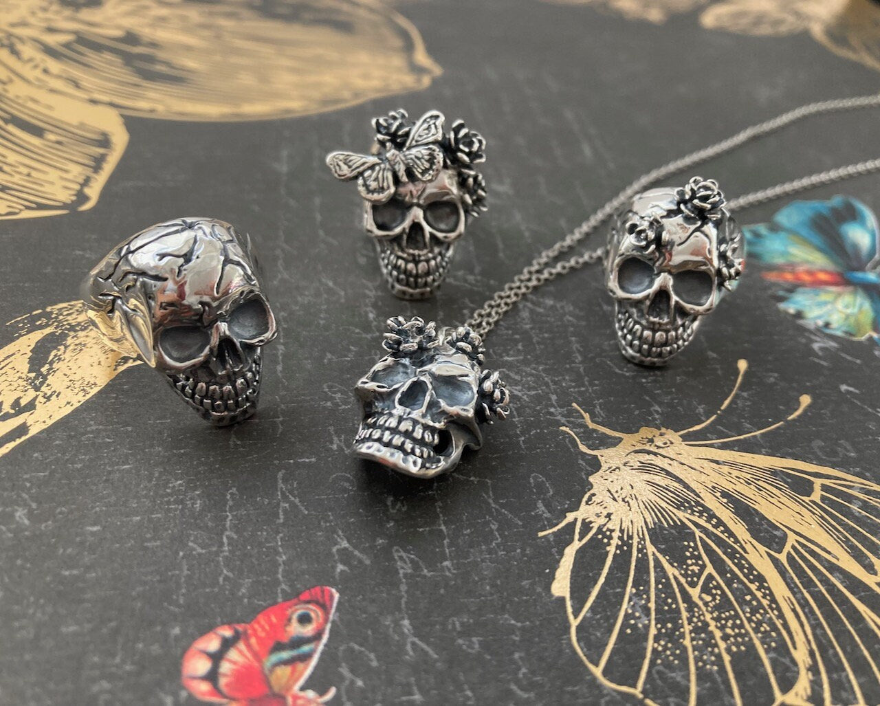 3 Flower Skull Ring - Sterling Silver