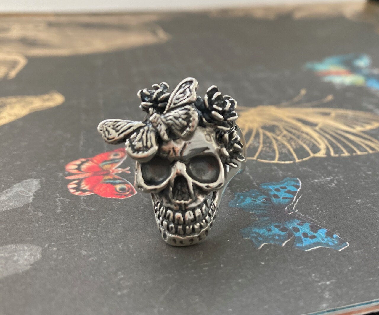 Flower & Butterfly Skull Ring - Sterling Silver