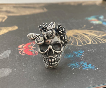 Flower & Butterfly Skull Ring - Sterling Silver