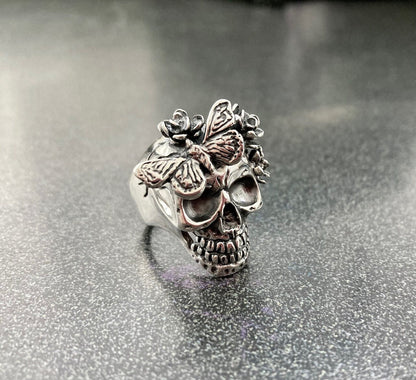 Flower & Butterfly Skull Ring - Sterling Silver