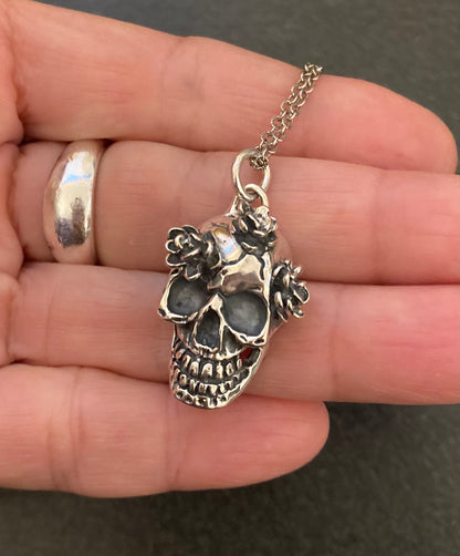 3 Flower Skull Pendant - Sterling Silver