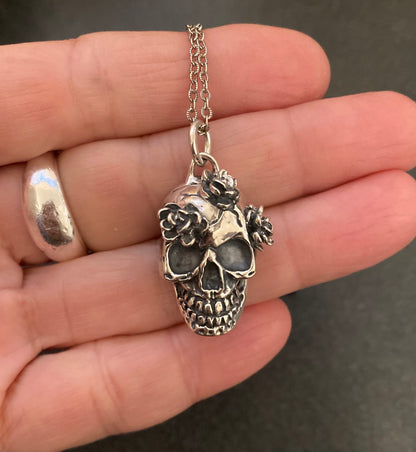 3 Flower Skull Pendant - Sterling Silver