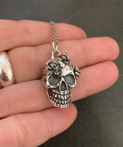 3 Flower Skull Pendant - Sterling Silver