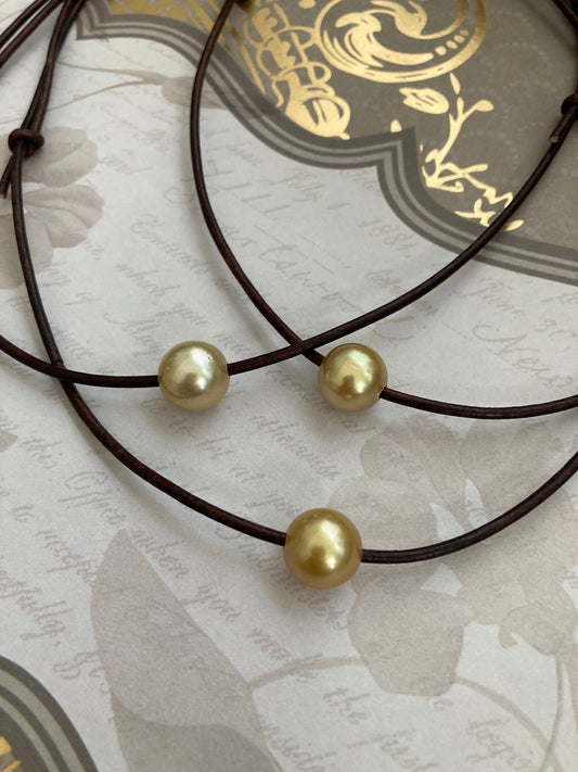 Golden South Sea Pearl Necklace on Leather Cord