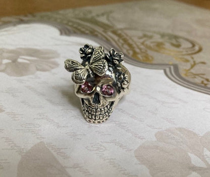 Pink Tourmaline Flower & Butterfly Skull Ring