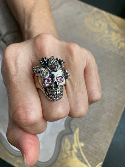 Pink Tourmaline Flower & Butterfly Skull Ring