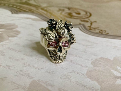 Pink Tourmaline Flower & Butterfly Skull Ring