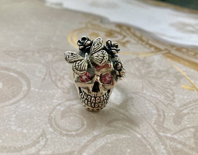 Pink Tourmaline Flower & Butterfly Skull Ring