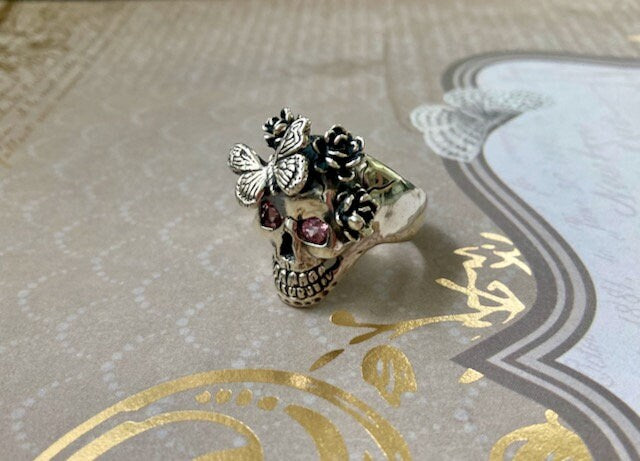 Pink Tourmaline Flower & Butterfly Skull Ring