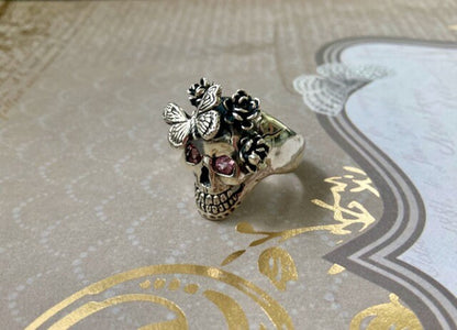 Pink Tourmaline Flower & Butterfly Skull Ring